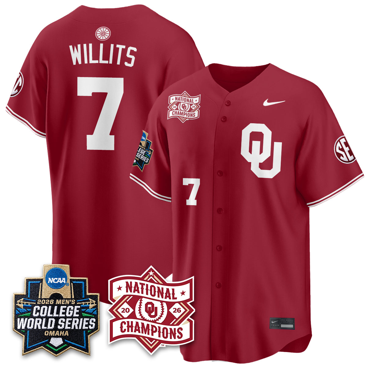 Oklahoma Sooners 2026 NCAA Baseball Men's College World Series Champions Vapor Jersey - Stitched