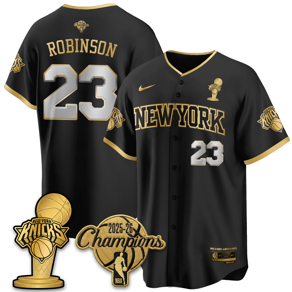 NYK 2026 NBA Champions Vapor Black Gold Jersey - Stitched