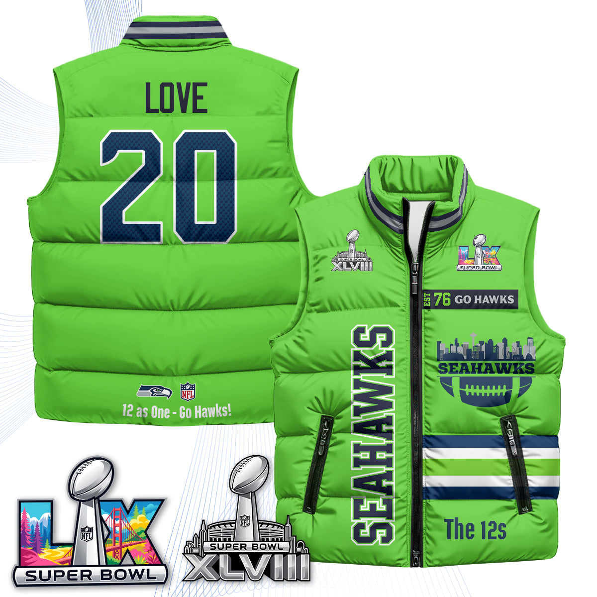 Seattle Seahawks "Go Hawks" Edition Puffer Vest - Printed