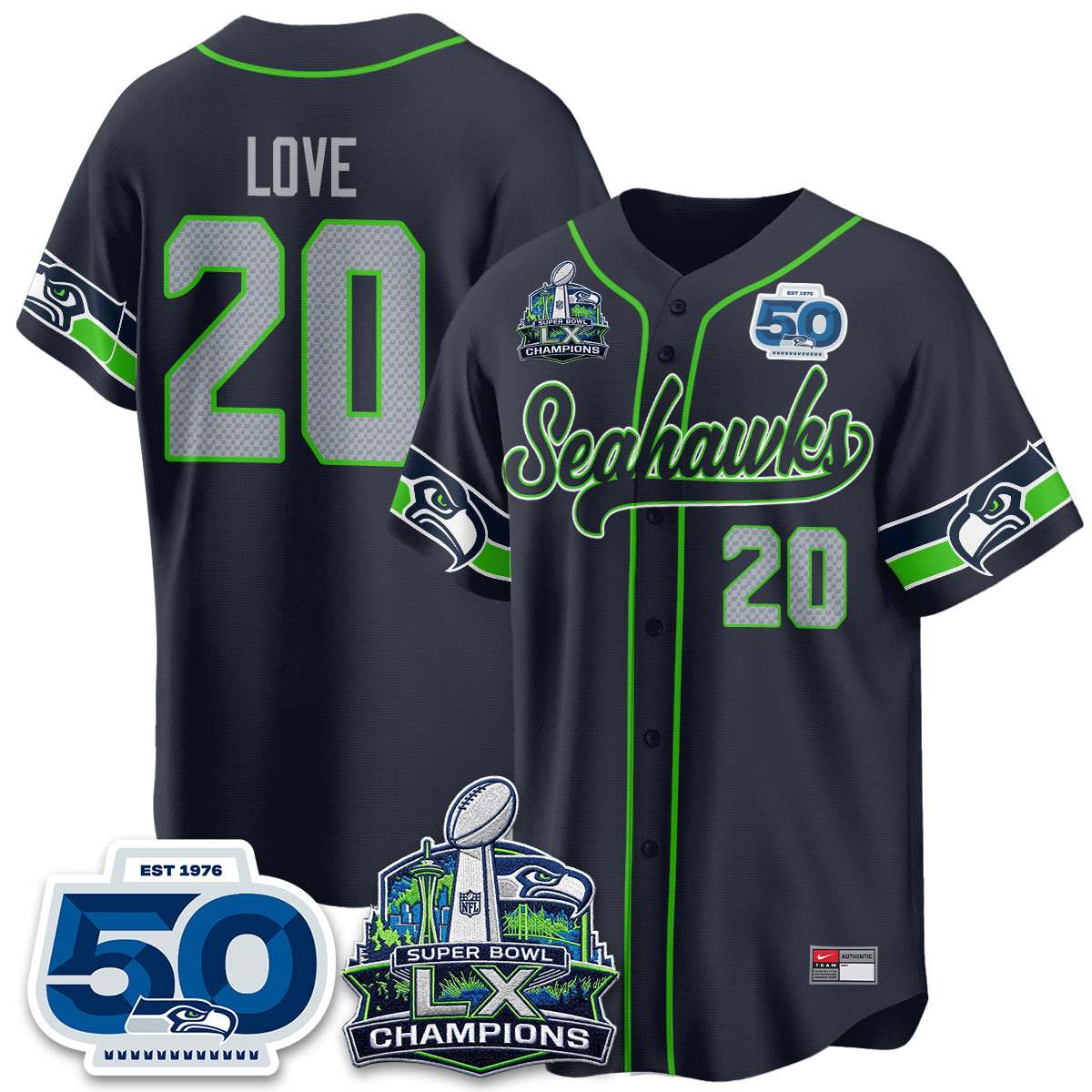 Seattle Seahawks SB LX Champs Vapor Baseball Jersey - Stitch