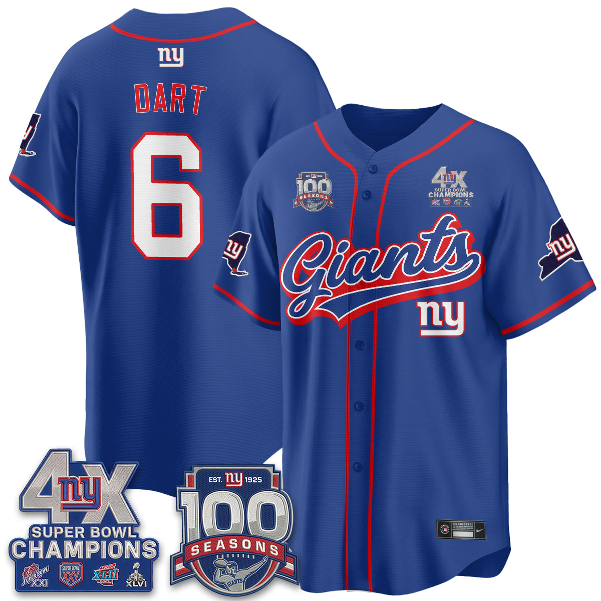 New York Giants 4X Champs & 100 Anniversary Vapor Baseball Jersey V2- Stitched