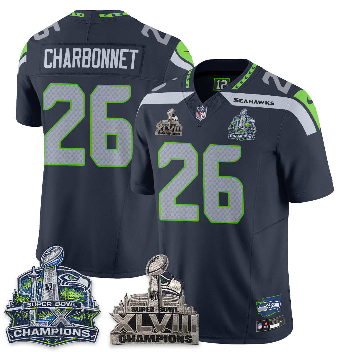 SEA S.Bowl Champions Patch Vapor Jersey - Stitched