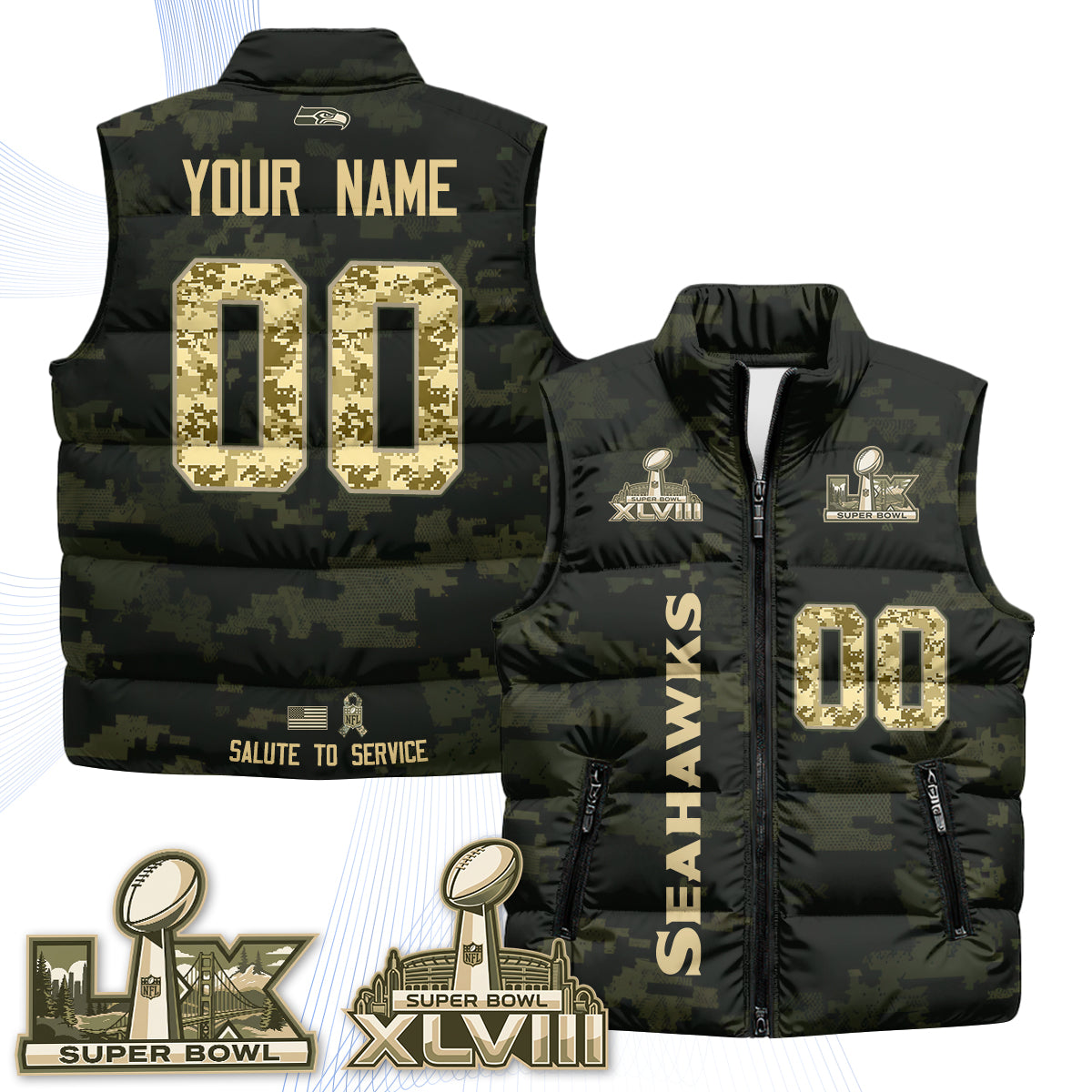 Seattle Seahawks 2026 Salute to Service Custom Puffer Vest - Printed