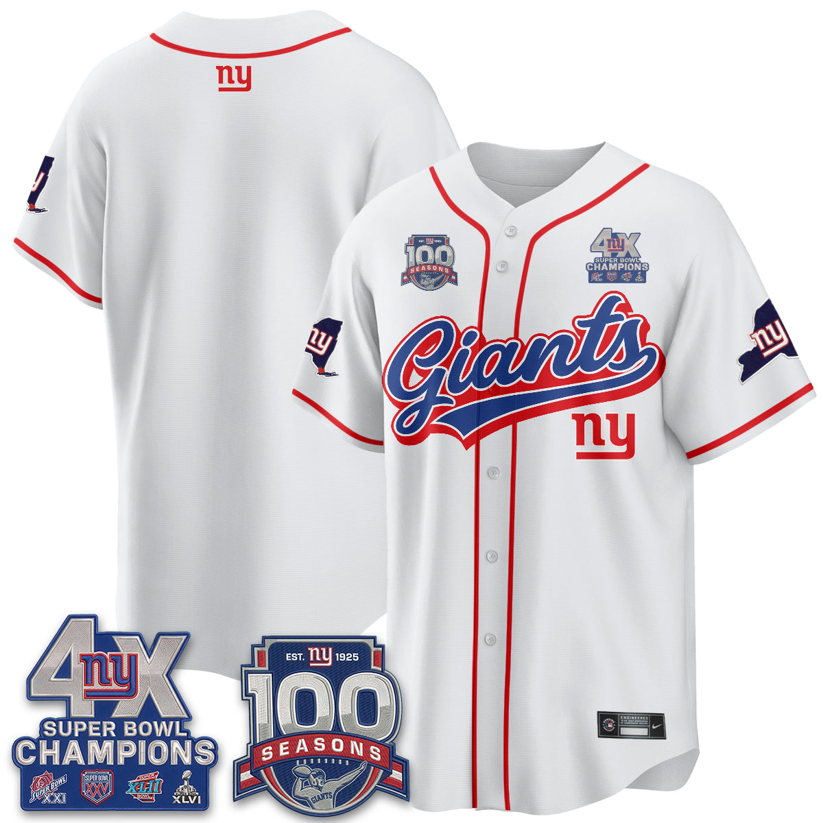 New York Giants 4X Champs & 100 Anniversary Vapor Baseball Jersey V2- Stitched