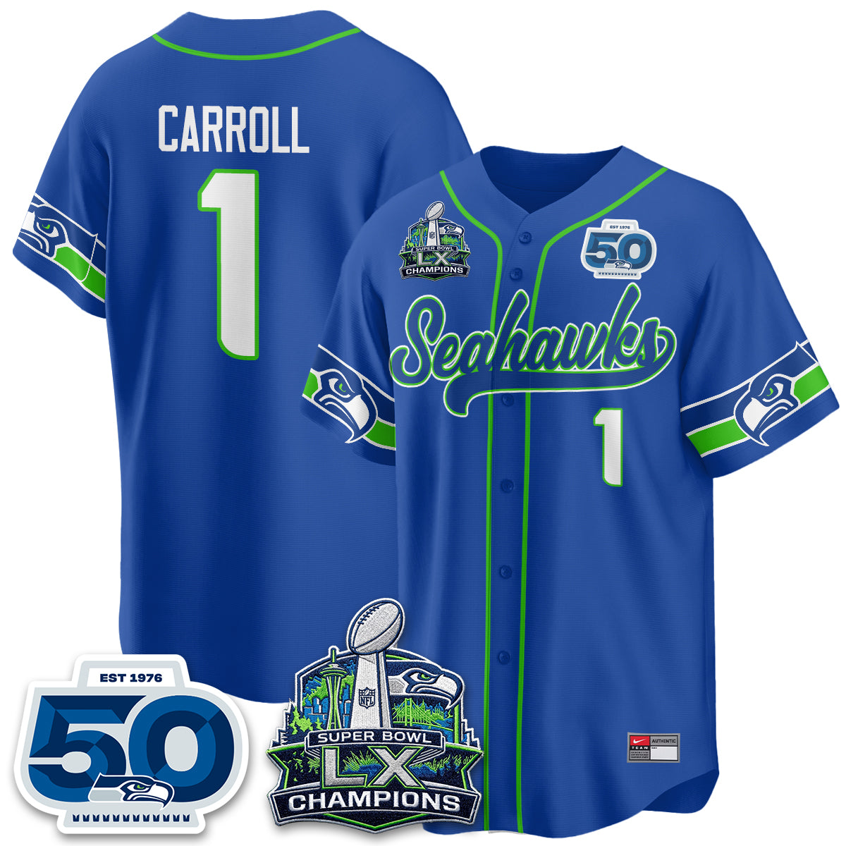 Seattle Seahawks SB LX Champs Vapor Baseball Jersey - Stitch