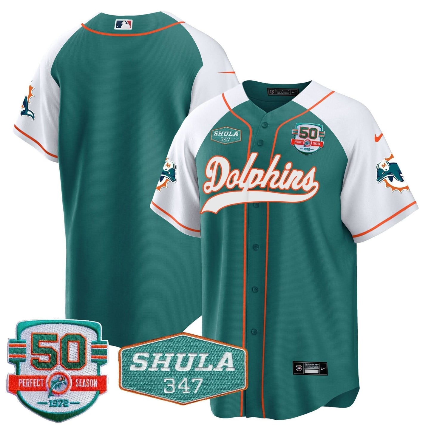 Dolphins 50th & Don Shula 347 Memorial Patch Baseball Jersey - All Stitched
