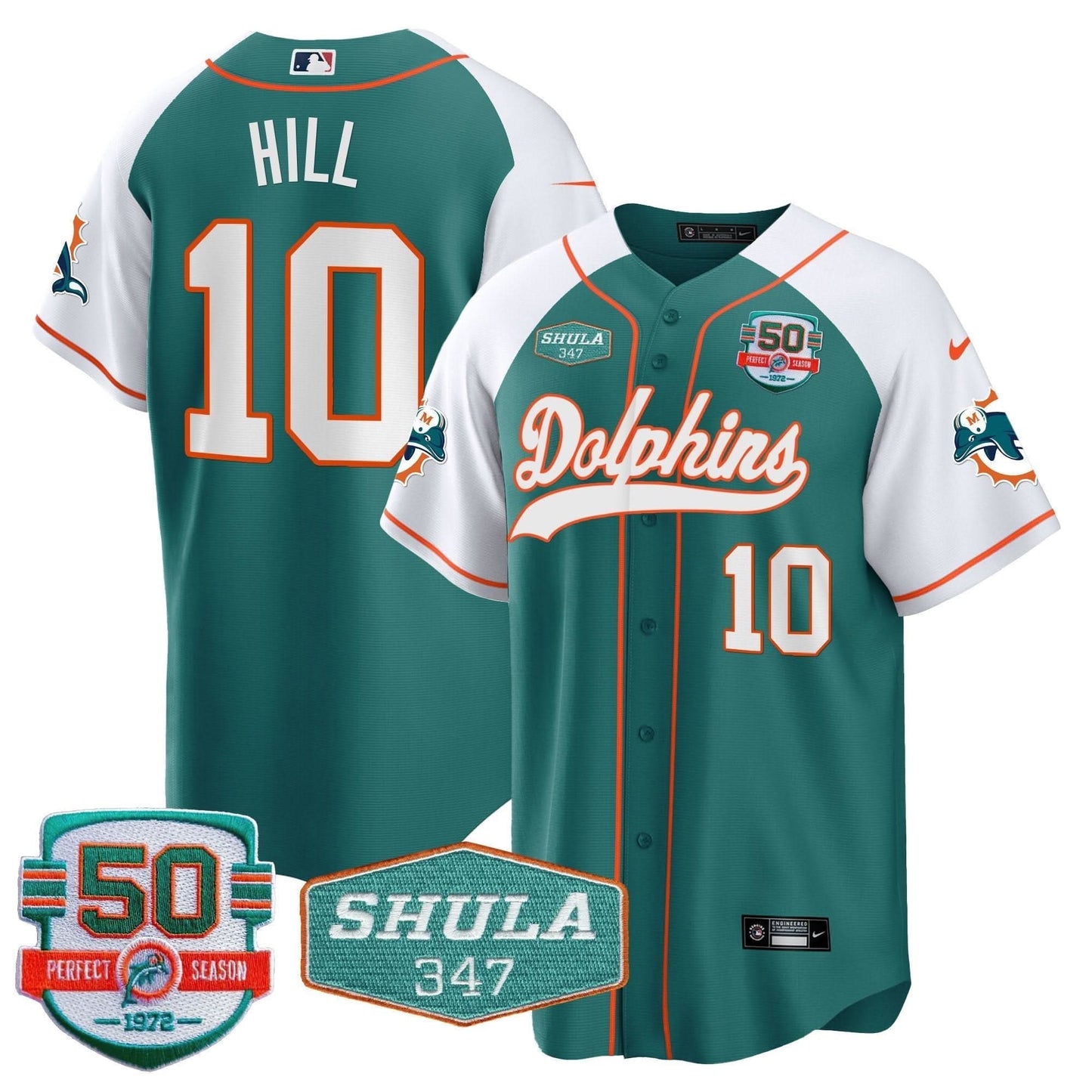 Dolphins 50th & Don Shula 347 Memorial Patch Baseball Jersey - All Stitched