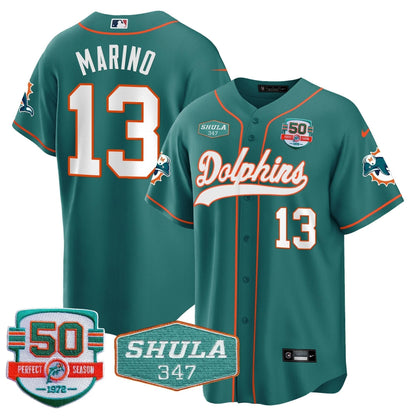 Dolphins 50th & Don Shula 347 Memorial Patch Baseball Jersey - All Stitched