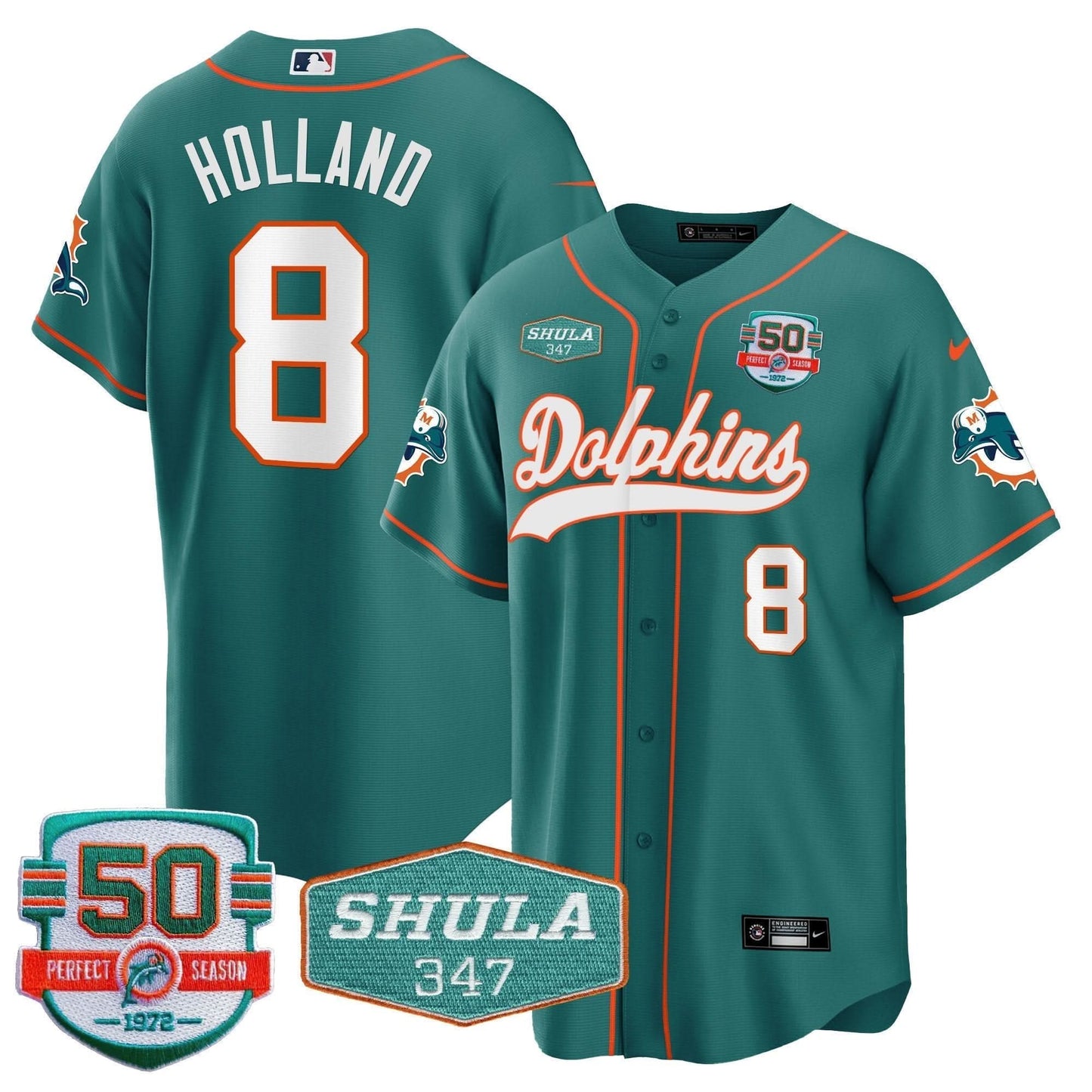 Dolphins 50th & Don Shula 347 Memorial Patch Baseball Jersey - All Stitched