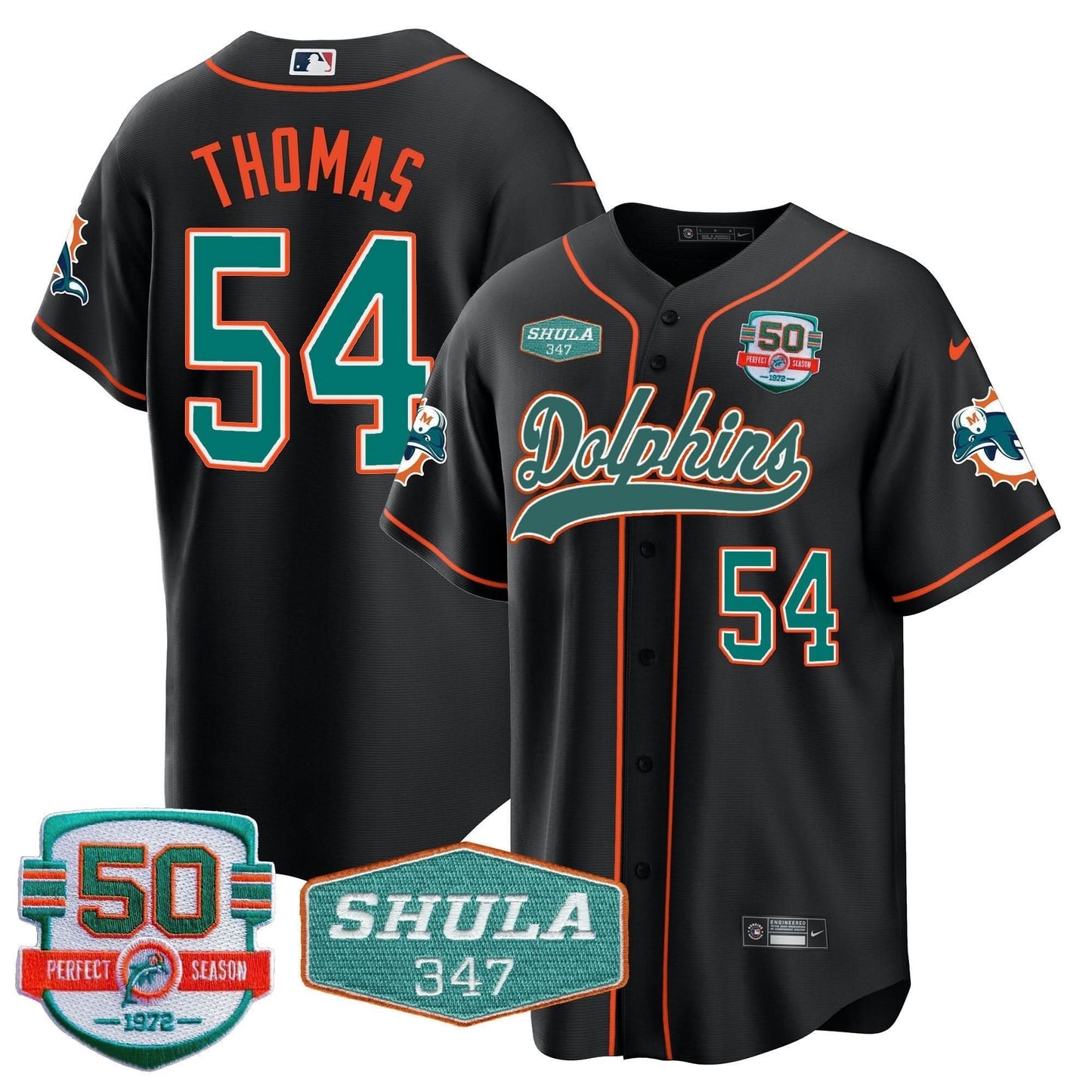Dolphins 50th & Don Shula 347 Memorial Patch Baseball Jersey - All Stitched