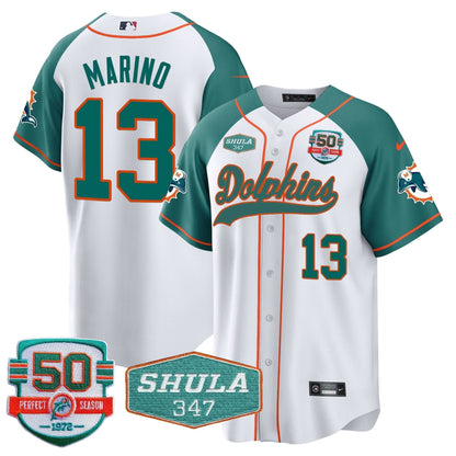 Dolphins 50th & Don Shula 347 Memorial Patch Baseball Jersey - All Stitched