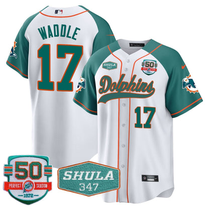 Dolphins 50th & Don Shula 347 Memorial Patch Baseball Jersey - All Stitched