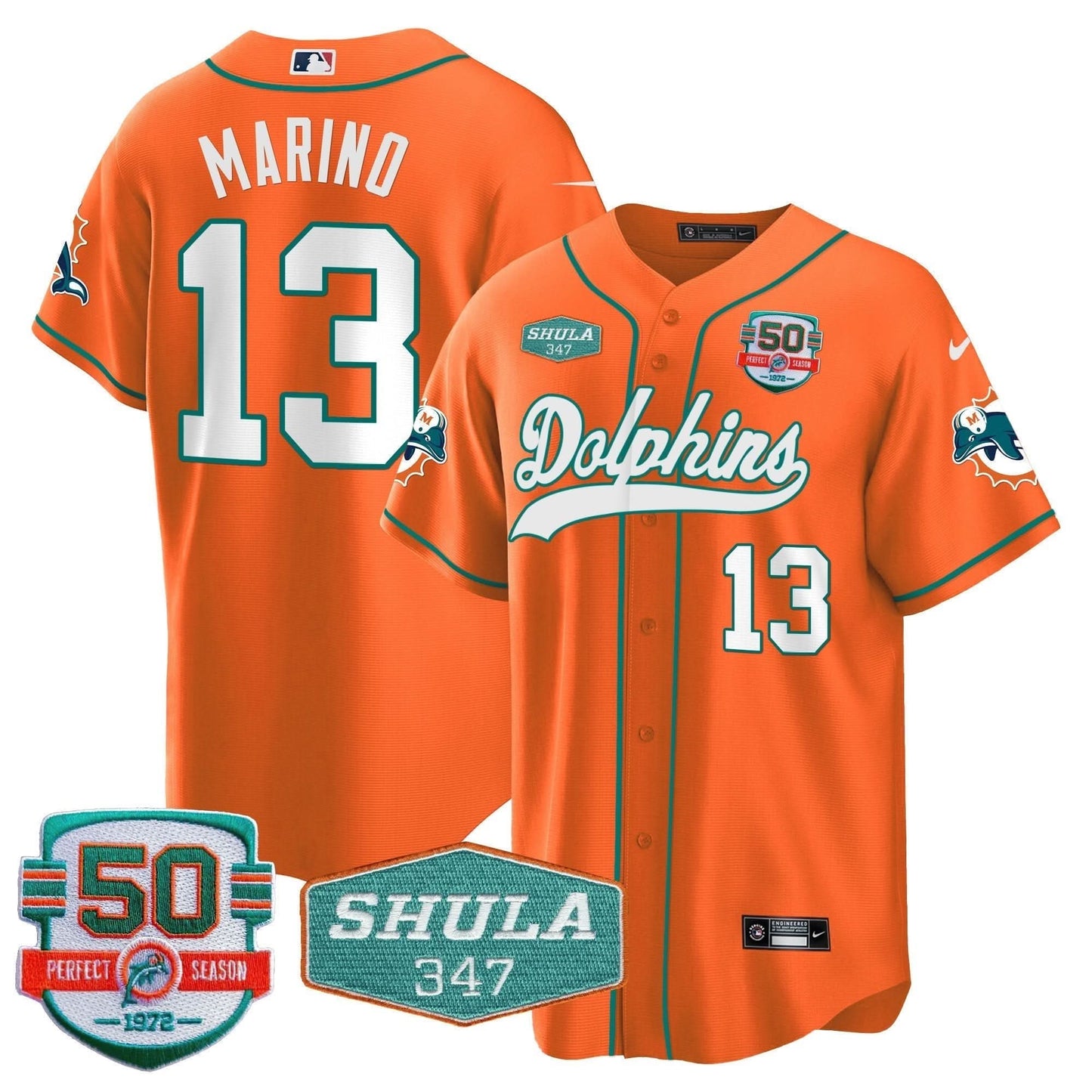 Dolphins 50th & Don Shula 347 Memorial Patch Baseball Jersey - All Stitched