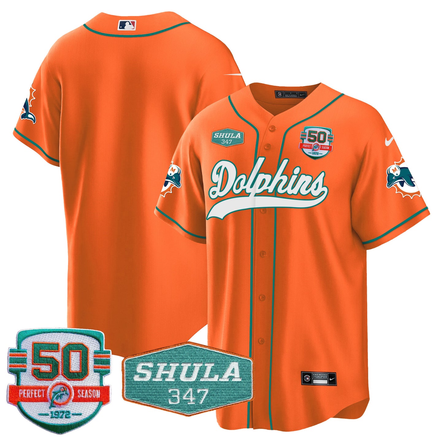 Men's Dolphins 50th & Don Shula 347 Memorial Patch Baseball Jersey - All Stitched