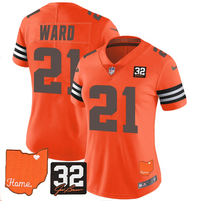 Women's Browns #32 Jim Brown Memorial & Home Patch Vapor Limited Jersey - All Stitched