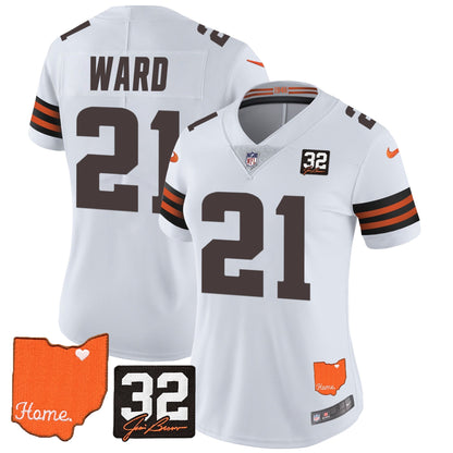 Women's Browns #32 Jim Brown Memorial & Home Patch Vapor Limited Jersey - All Stitched