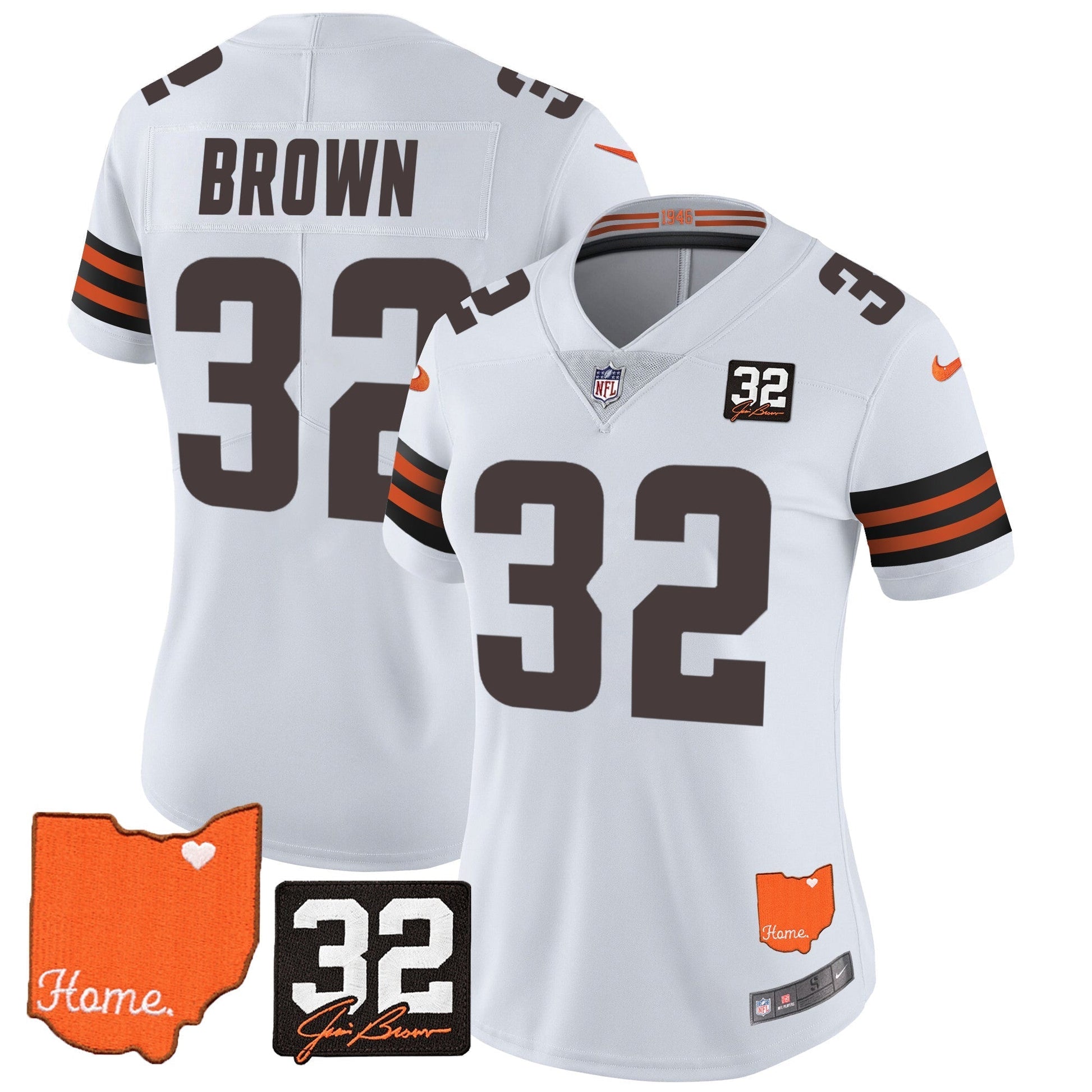 Women's Browns #32 Jim Brown Memorial & Home Patch Vapor Limited Jersey - All Stitched