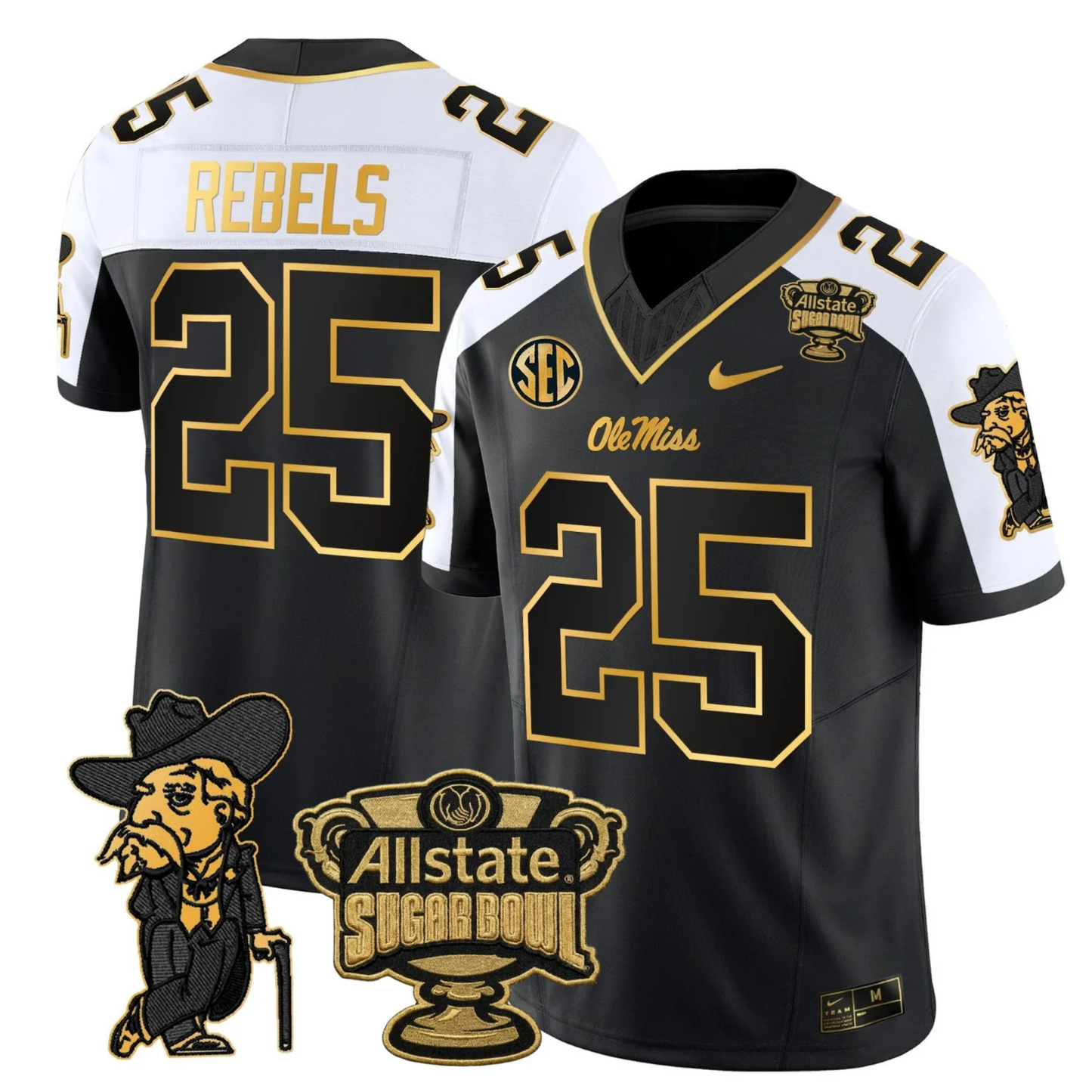 Ole Miss Rebels 2025 Gold Vapor Limited Jersey - Sugar Bowl Patch - All Stitched