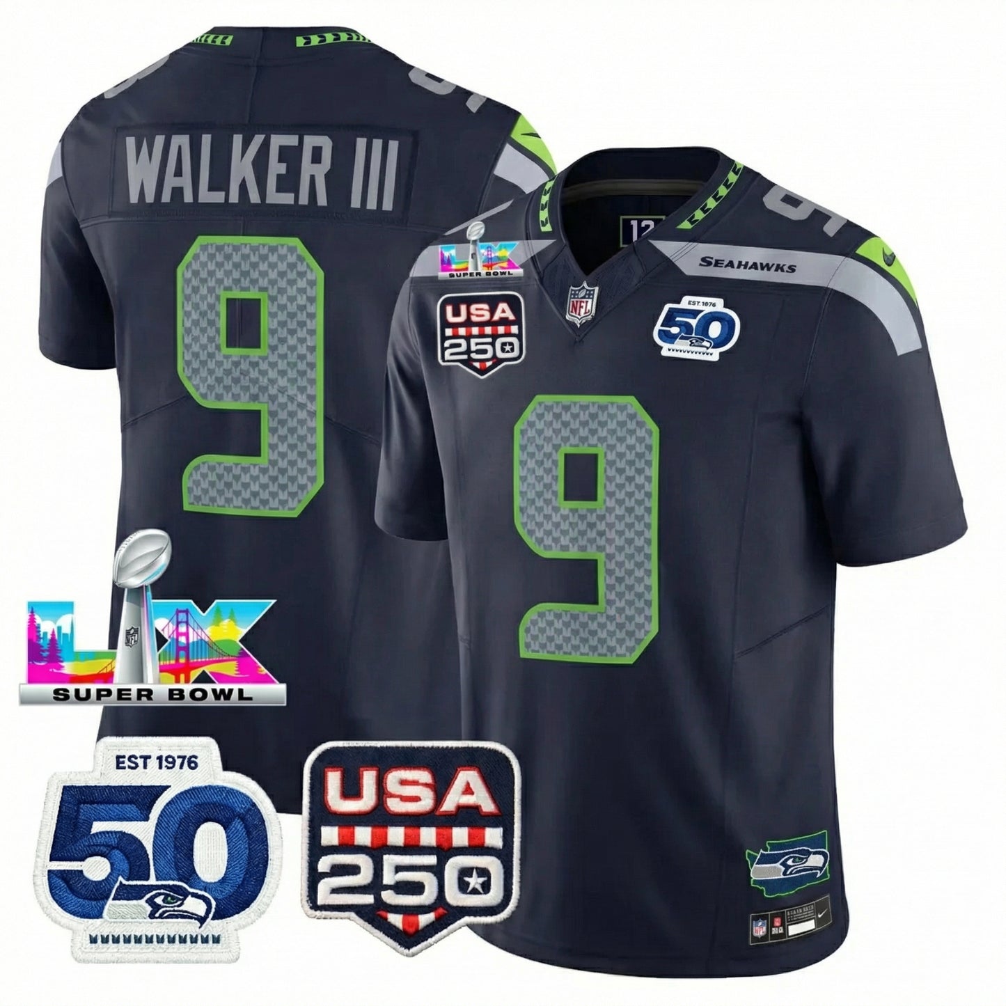 SEA S.Bowl LX Champions Patch Vapor Limited Jersey - All Stitched