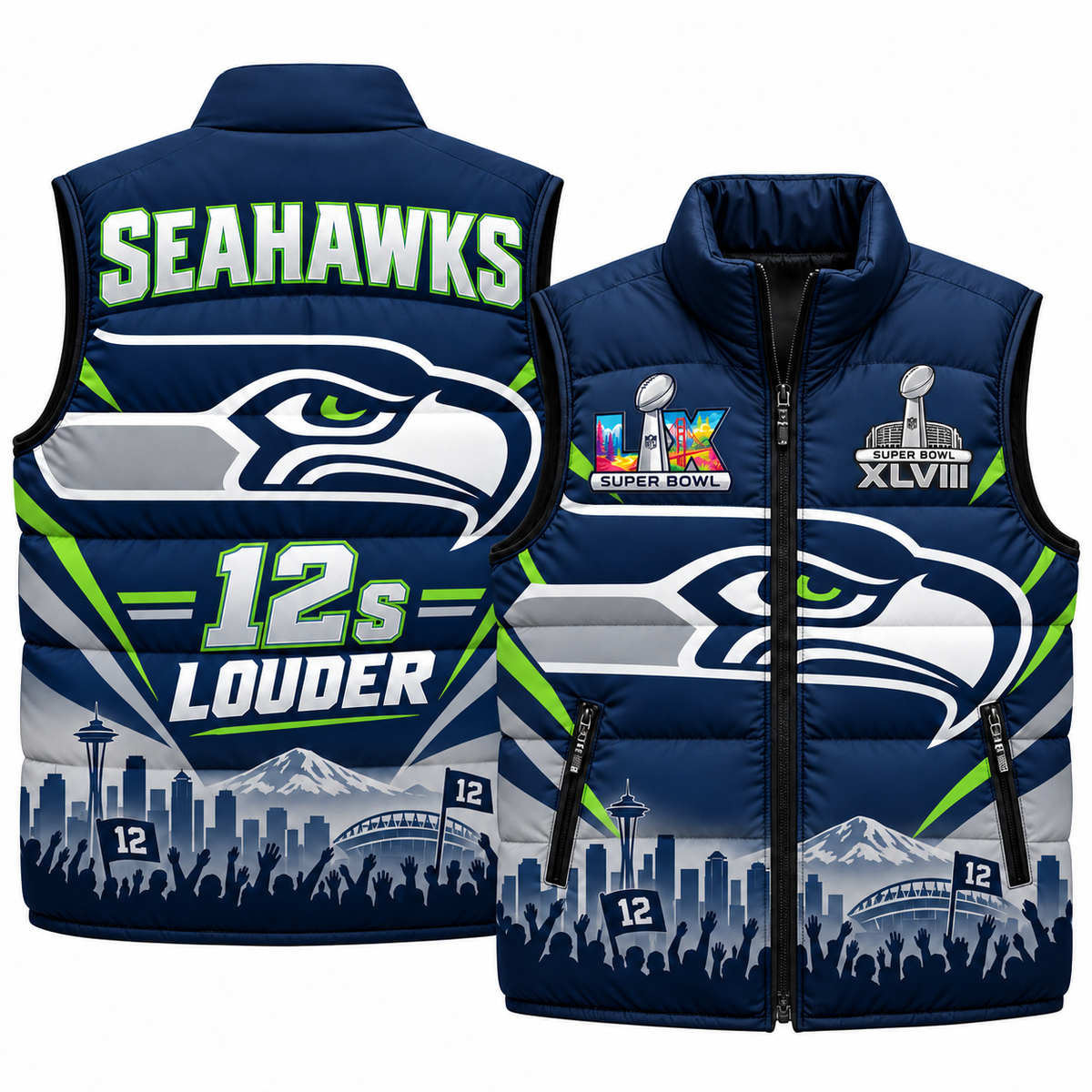 Seattle Seahawks "12s Louder" Edition Puffer Vest - Printed