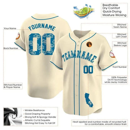 CUSTOM CREAM BLUE PALM TREES CALIFORNIA MAP BASEBALL JERSEY - EMBROIDERED