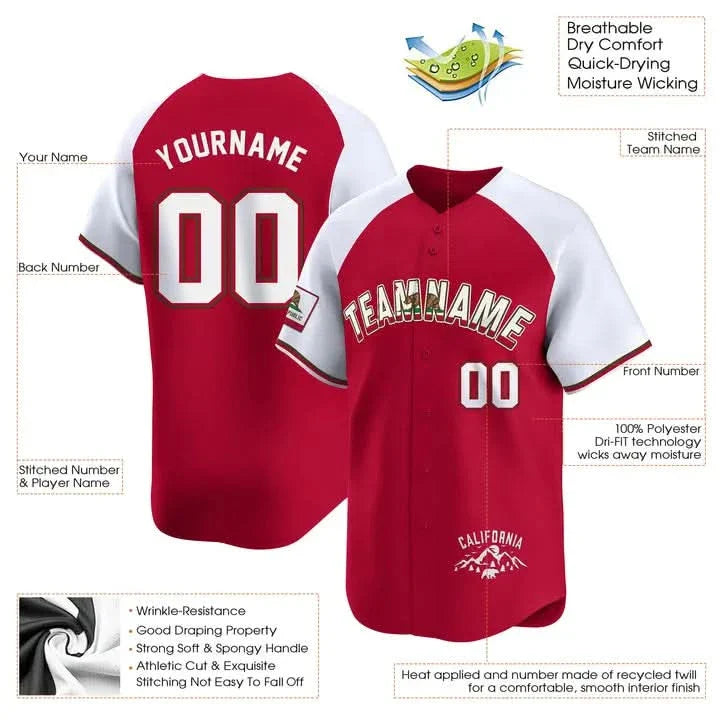 CUSTOM RED ALTERNATE WHITE CALIFORNIA FLAG BASEBALL JERSEY - EMBROIDERED
