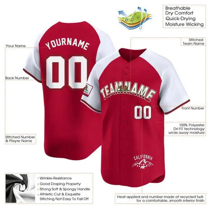 CUSTOM RED ALTERNATE WHITE CALIFORNIA FLAG BASEBALL JERSEY - EMBROIDERED