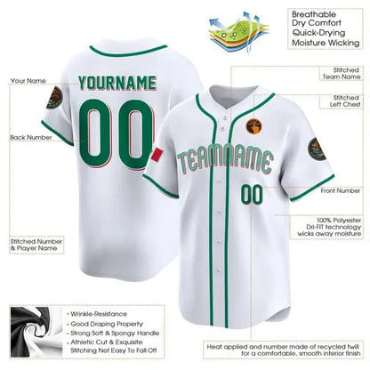 CUSTOM WHITE-GREEN MEXICO BASEBALL JERSEY - EMBROIDERED