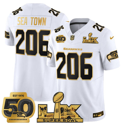 SEA "Super Bowl LX & 50th Patch" Gold Vapor Jersey - Stitched